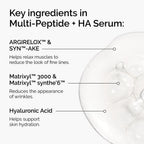 Close up of serum texture highlighting SYN-AKE, Matrixyl synthe'6, Matrixyl 3000, ARGIRELOX, and Hyaluronic Acid